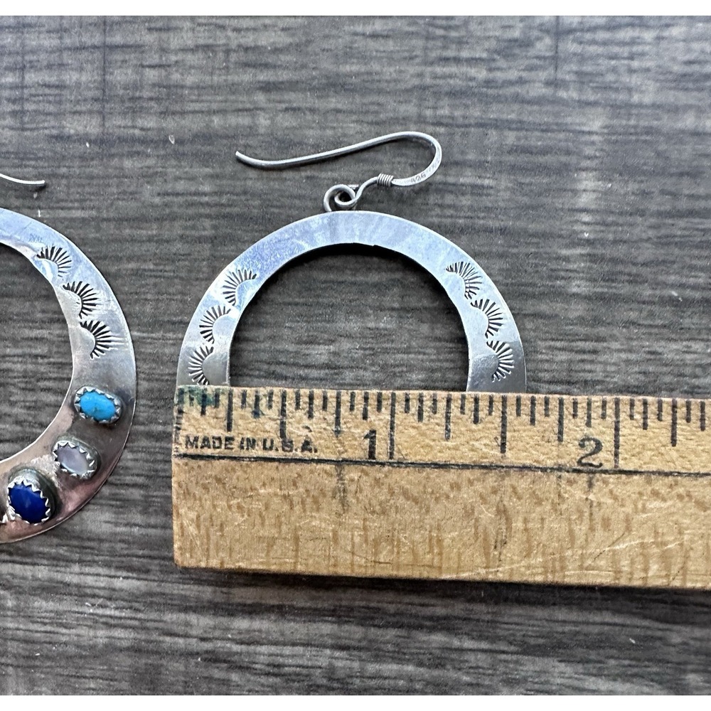 Navajo Sterling Silver Multi Stone Large Hoop Earrings Signed AJ - Picture 10 of 16